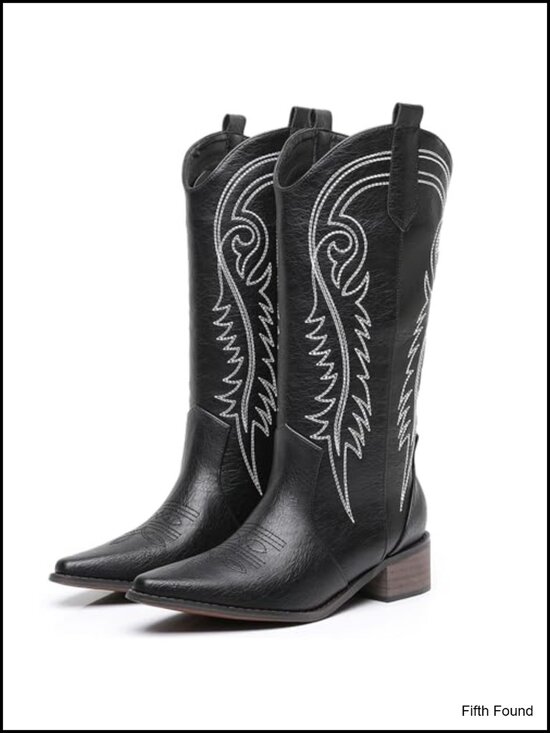 Shoes - Faux Leather Western Cowboy Boots with Embroidery, Chunky Heel, Mid Calf, Side